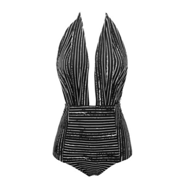 Cocoship Women's M Deep Plunge One-Piece Swimsuit B&W Striped NWT - Picture 1 of 15